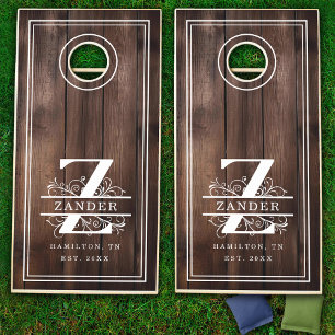 Rustic Wood Z Initial Monogram Family Name Cornhole Set