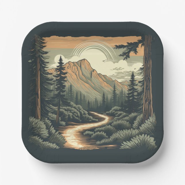 Rustic Woodcut Mountain Forest Landscape Camping Paper Plates (Front)