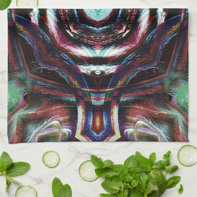 Rustic wooded brown kaleidoscope with mint details kitchen towel (Folded)