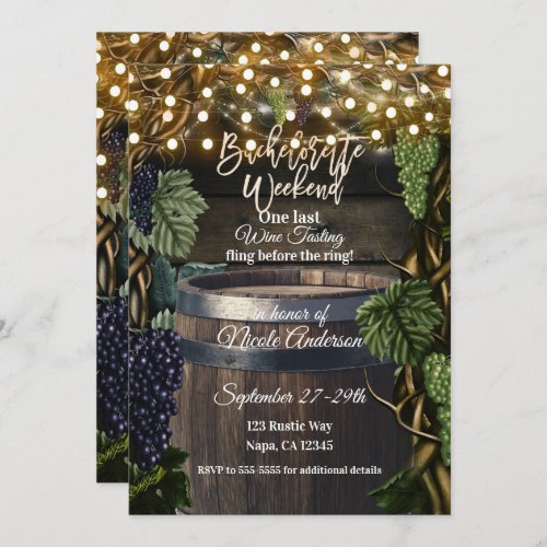 Rustic Wooden Barrel Grape Bachelorette Weekend Invitation