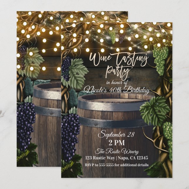 Rustic Wooden Barrel Grapes Wine Tasting Party Invitation (Front/Back)