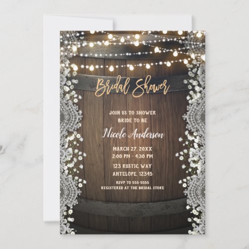 Rustic Wooden Barrel Lace  Lights Bridal Shower Invitation