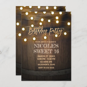 Rustic Wooden Barrel String Lights Birthday Party Invitation