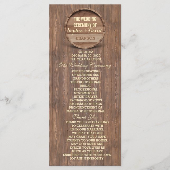 Rustic Wooden Barrel Wedding Custom Program (Front)