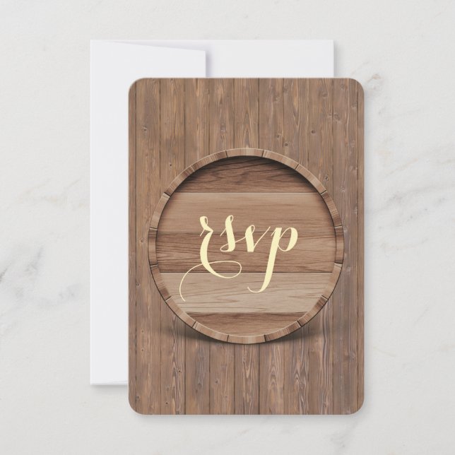 Rustic Wooden Barrel Wedding RSVP Card (Front)