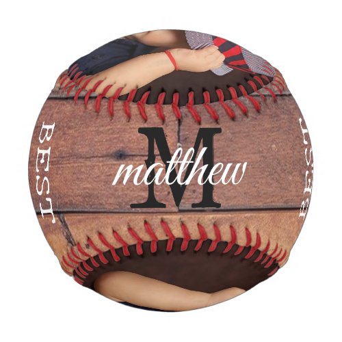 Rustic Wooden Best Father Ever Photo Name Monogram Baseball