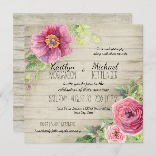 Rustic Wooden Board Floral Rose Peony Country Chic Invitation