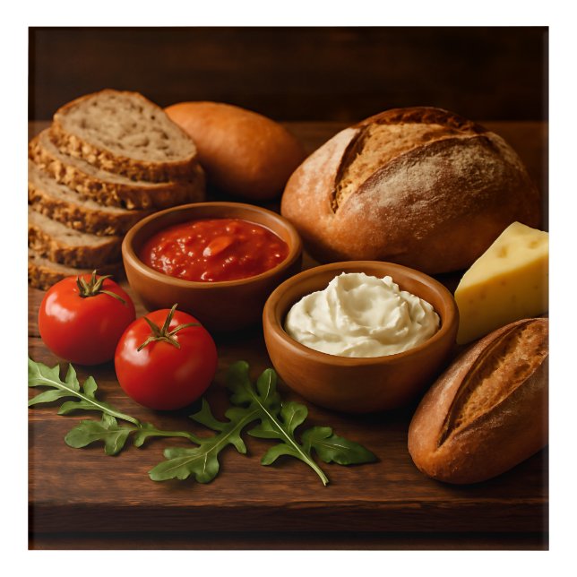 Rustic wooden board with artisan breads cheese acrylic print (Front)