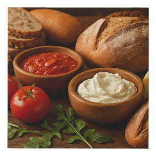 Rustic wooden board with artisan breads cheese faux canvas print