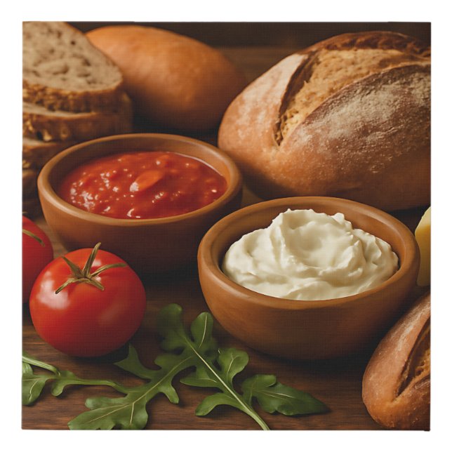 Rustic wooden board with artisan breads cheese faux canvas print (Front)