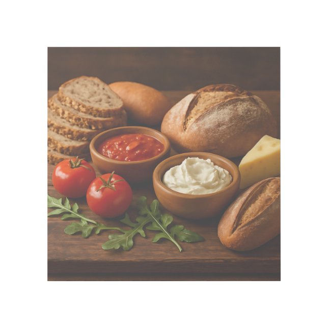 Rustic wooden board with artisan breads cheese gallery wrap (Front)