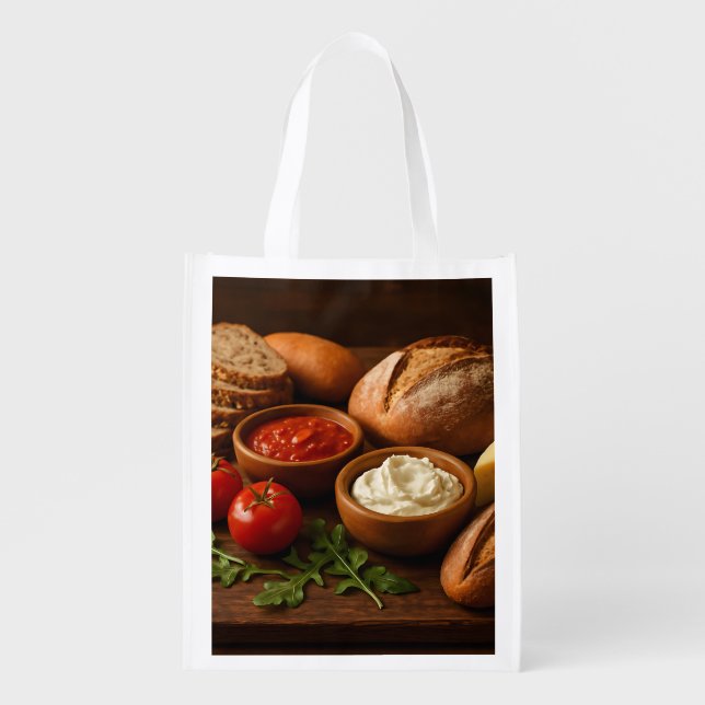 Rustic wooden board with artisan breads cheese grocery bag (Front)