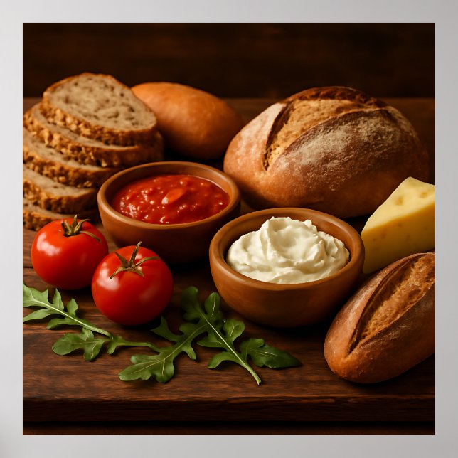 Rustic wooden board with artisan breads cheese poster (Front)