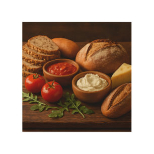 Rustic wooden board with artisan breads cheese wood wall art