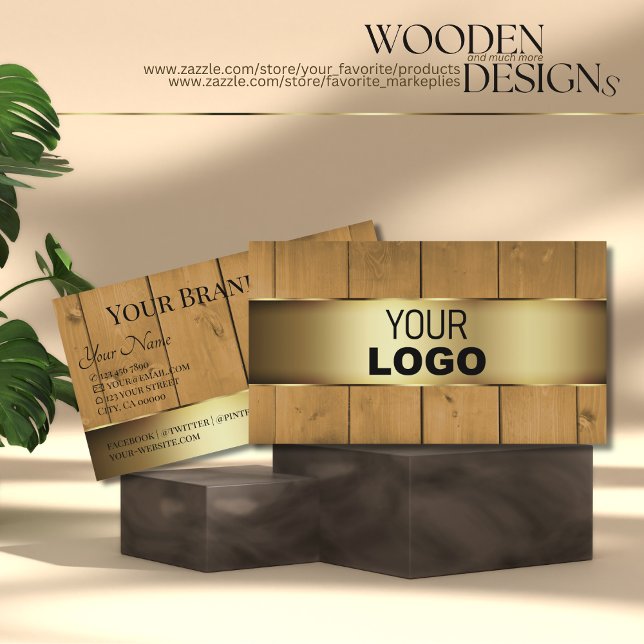 Rustic Wooden Boards Wood Grain with Logo Gold Business Card (Creator Uploaded)