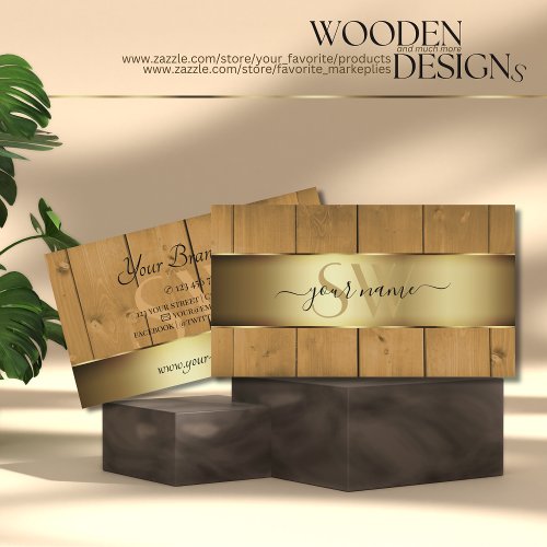 Rustic Wooden Boards Wood Grain with Monogram Gold Business Card