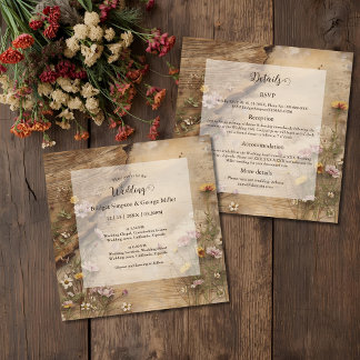 Rustic Wooden Bohemian Floral Wedding all in one Invitation