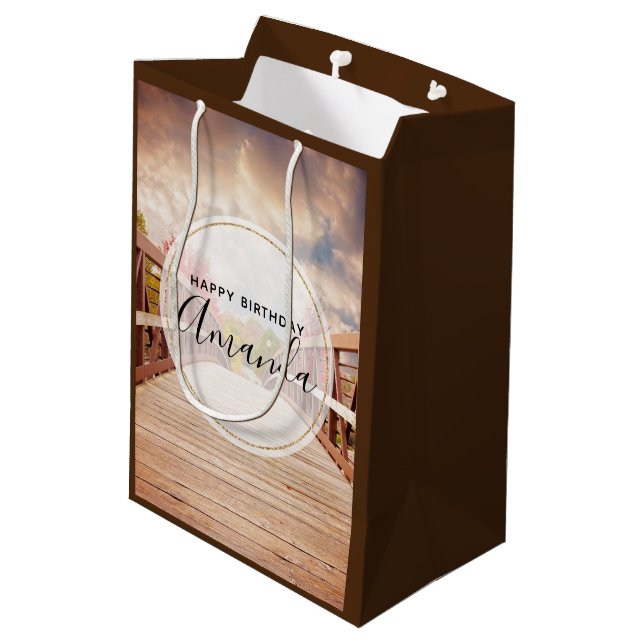 Rustic Wooden Bridge in the Country Birthday Medium Gift Bag (Back Angled)