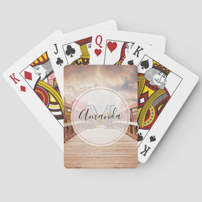 Rustic Wooden Bridge in the Country Monogram Poker Cards (Back)