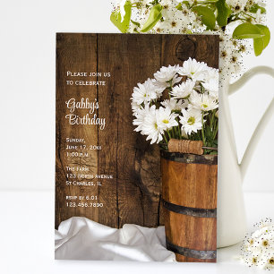 Rustic Wooden Bucket Daisies Barn Birthday Party Invitation