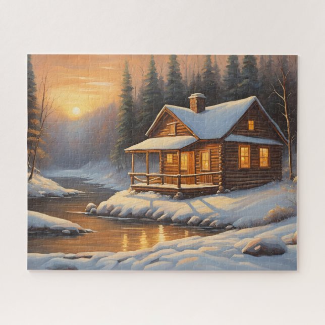Rustic Wooden Cabin in the Winter Forest Jigsaw Puzzle (Horizontal)