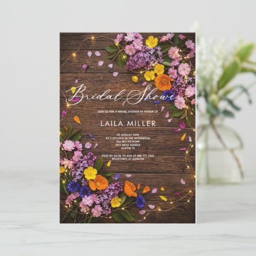 Rustic Wooden colorful flowers bridal shower Invitation