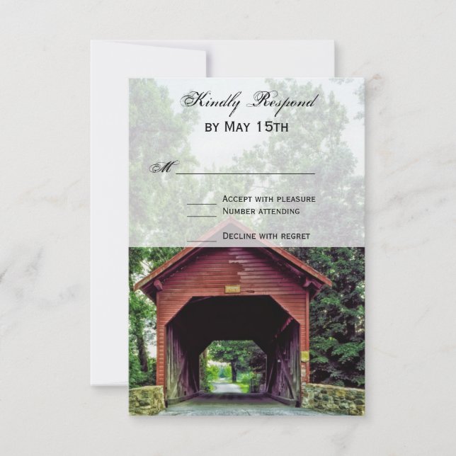 Rustic Wooden Covered Bridge Wedding RSVP Cards (Front)