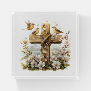 Rustic Wooden Cross with Blossoms and Songbirds Paperweight