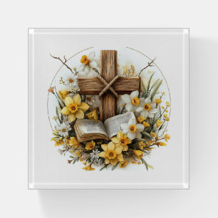 Rustic Wooden Cross with Daffodils and Open Bible  Paperweight
