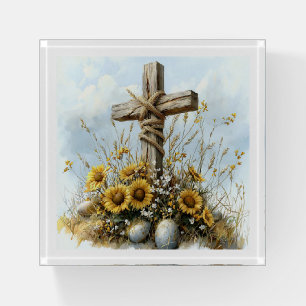 Rustic Wooden Cross with Sunflowers Paperweight