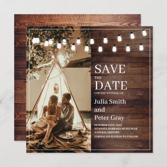 Rustic Wooden Custom Photo Square Save The Date Invitation (Front/Back)