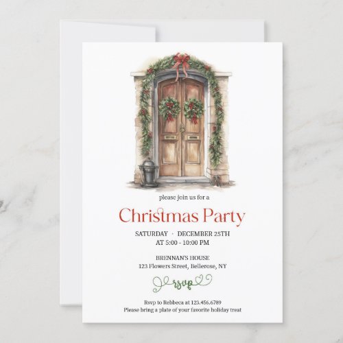 Rustic wooden door with festive decoration red bow invitation