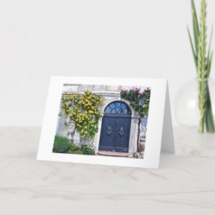 RUSTIC WOODEN DOOR WITH YELLOW AND RED ROSES CARD
