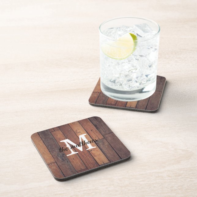 Rustic Wooden Farmhouse Country Monogrammed Name Beverage Coaster (Right Side)