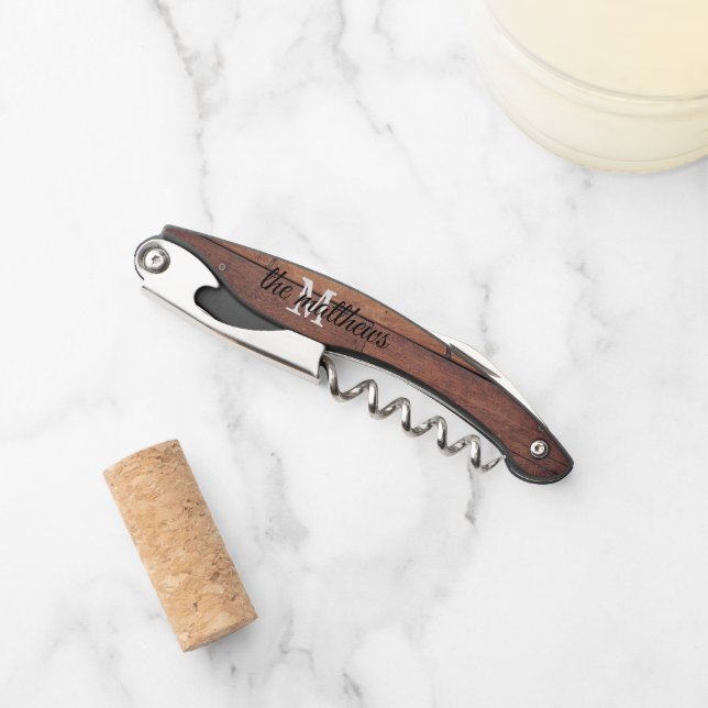 Rustic Wooden Farmhouse Personalised Monogram Waiter's Corkscrew (Front)
