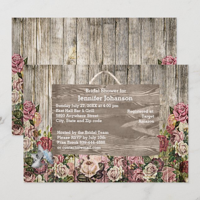Rustic Wooden Fence Painted Roses Bridal Shower Invitation (Front/Back)