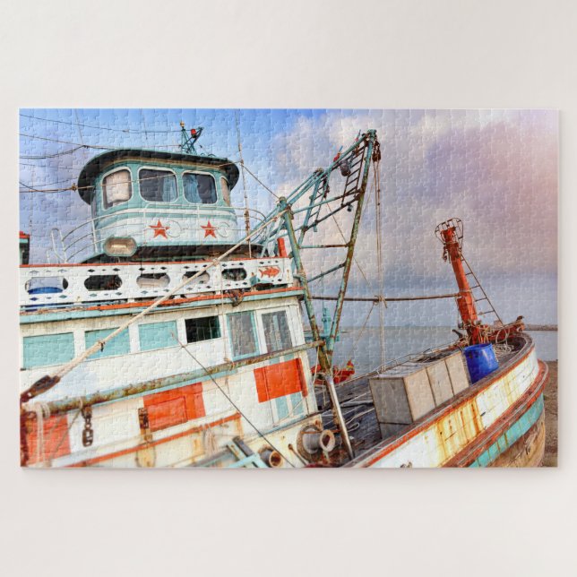 Rustic Wooden Fishing Boat Sea Ocean Jigsaw Puzzle (Horizontal)