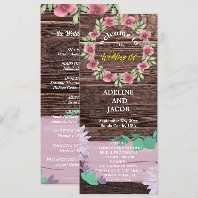 Rustic Wooden floral Script Wedding program (Front/Back)