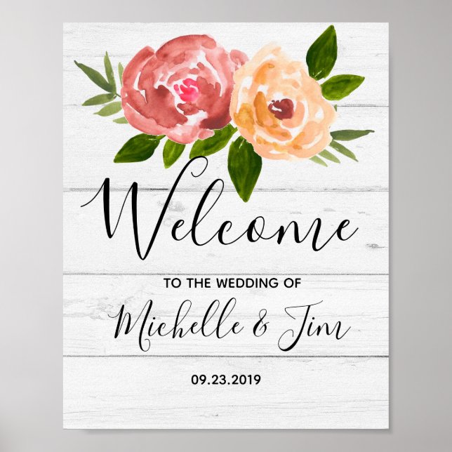 Rustic wooden floral wedding welcome sigh poster (Front)