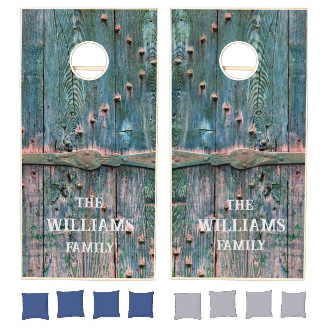 Rustic wooden gate and iron in blue, custom cornhole set (Set)