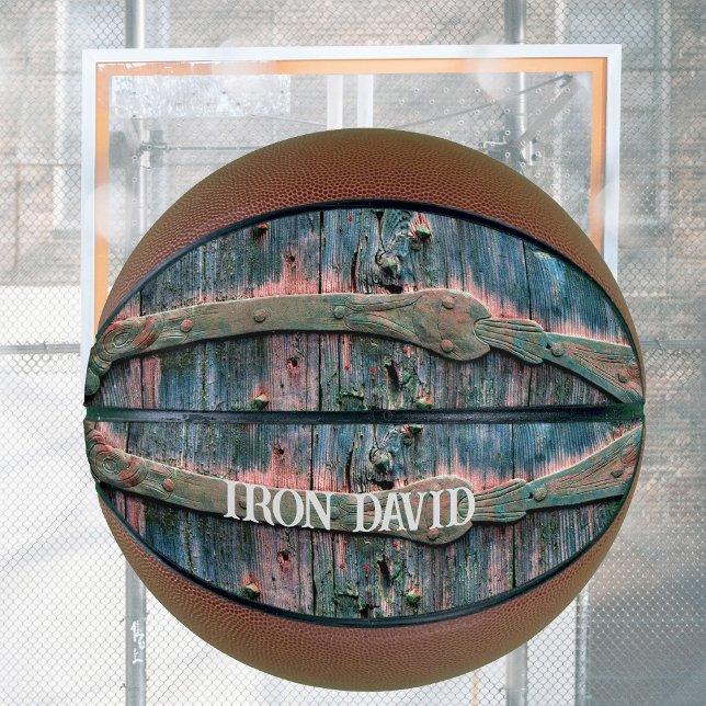 Rustic wooden gate and iron in blue, personalized  basketball (Creator Uploaded)