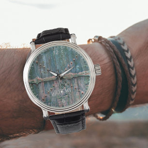 Rustic wooden gate and iron in blue, personalized watch