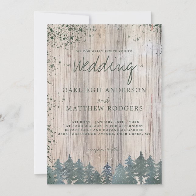 Rustic Wooden Green Forest Snowy Winter Wedding Invitation (Front)