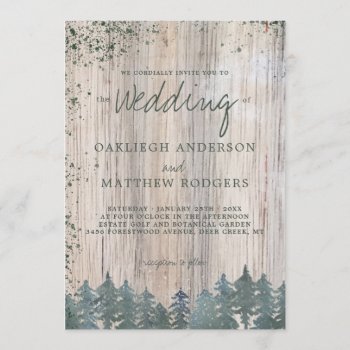 Rustic Wooden Green Forest Snowy Winter Wedding Invitation by antiquechandelier at Zazzle