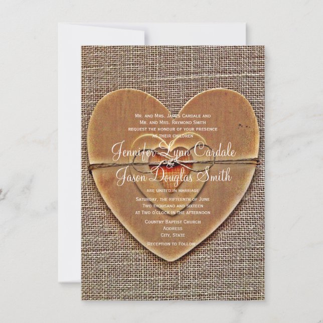 Rustic Wooden Heart Burlap Country Wedding Invites (Front)