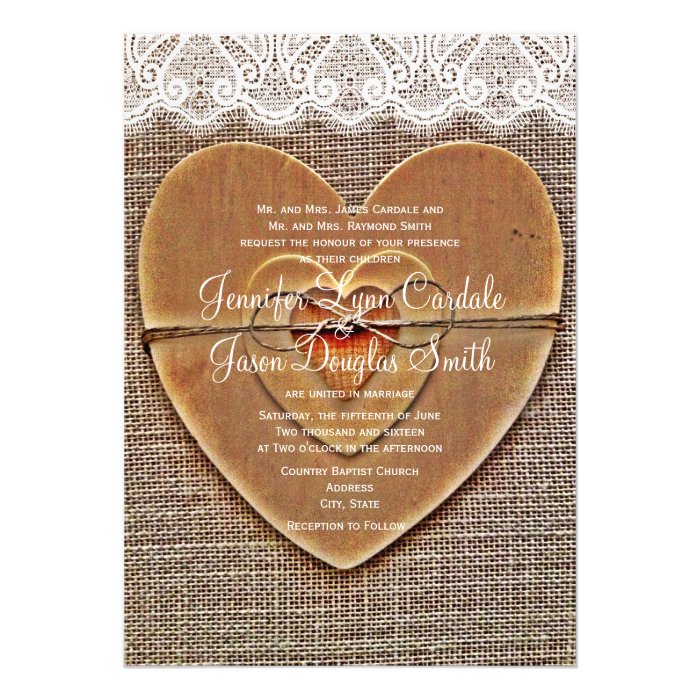 Rustic Wooden Heart Burlap Lace Wedding Invitation