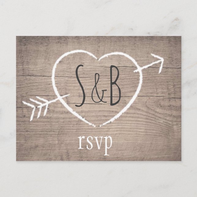 Rustic Wooden Heart Elegant Wedding RSVP Postcard (Front)