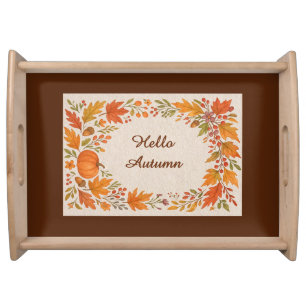 rustic wooden & hygge leaves hello autumn serving tray