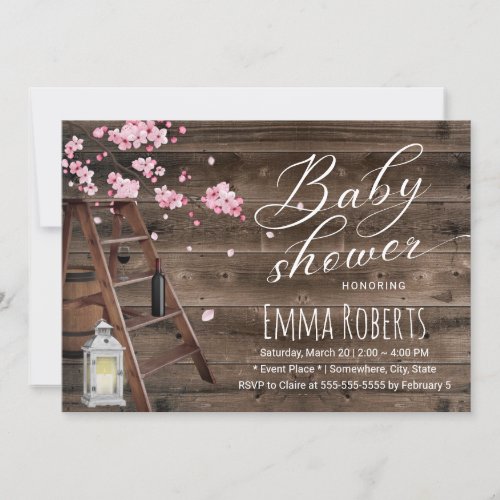 Rustic Wooden Ladder Cherry Blossom Baby Shower Invitation