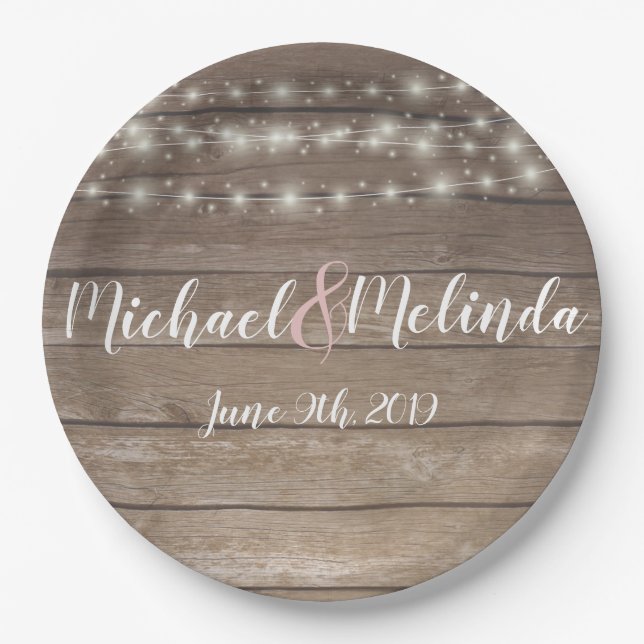 Rustic wooden lights Wedding Paper Plates (Front)